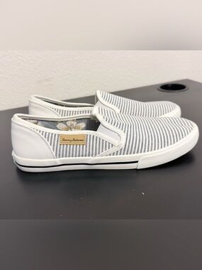 Tommy Bahama White and Navy Striped Canvas Slip-On Shoes